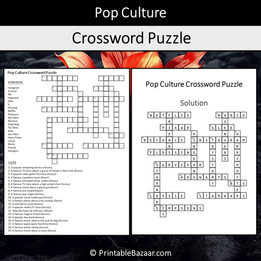 Pop Culture Crossword Puzzle Worksheet Activity Printable PDF