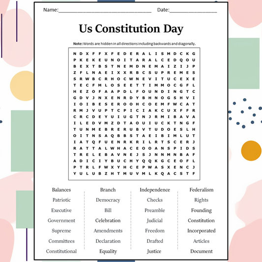 Us Constitution Day Word Search Puzzle Worksheet Activity PDF