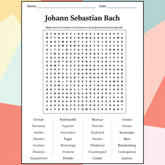 Johann Sebastian Bach Word Search Puzzle Worksheet Activity PDF