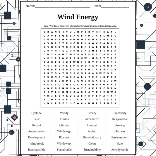 Wind Energy Word Search Puzzle Worksheet Activity PDF