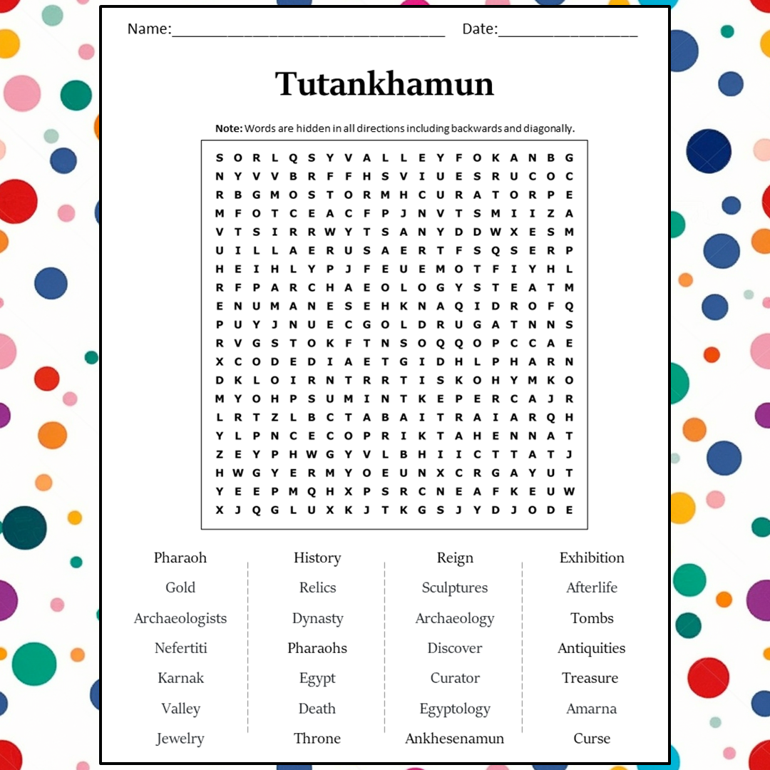 Tutankhamun Word Search Puzzle Worksheet Activity PDF