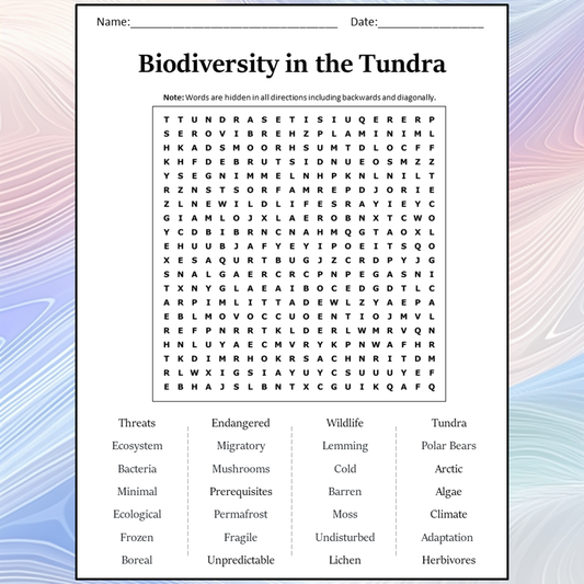 Biodiversity In The Tundra Word Search Puzzle Worksheet Activity PDF