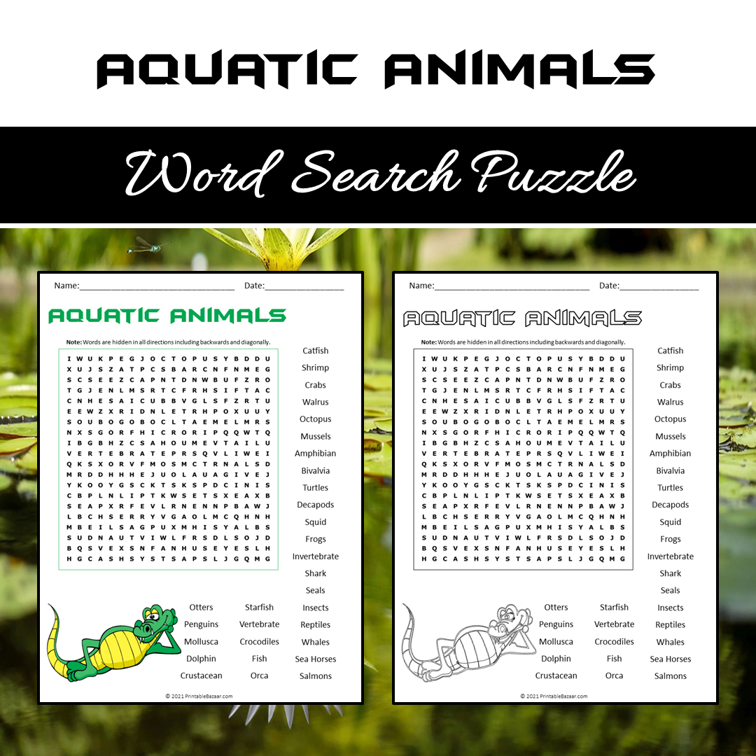 Aquatic Animals Word Search Puzzle Worksheet PDF