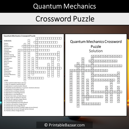 Quantum Mechanics Crossword Puzzle Worksheet Activity Printable PDF