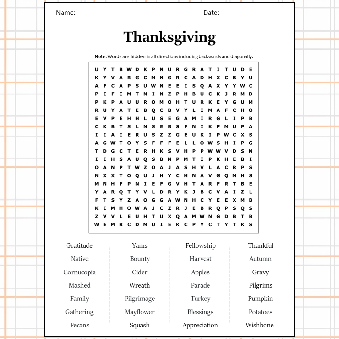 Thanksgiving Word Search Puzzle Worksheet Activity PDF