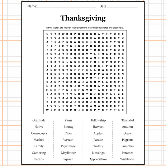 Thanksgiving Word Search Puzzle Worksheet Activity PDF