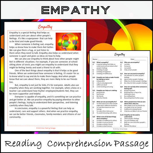 Empathy Reading Comprehension Passage and Questions | Printable PDF