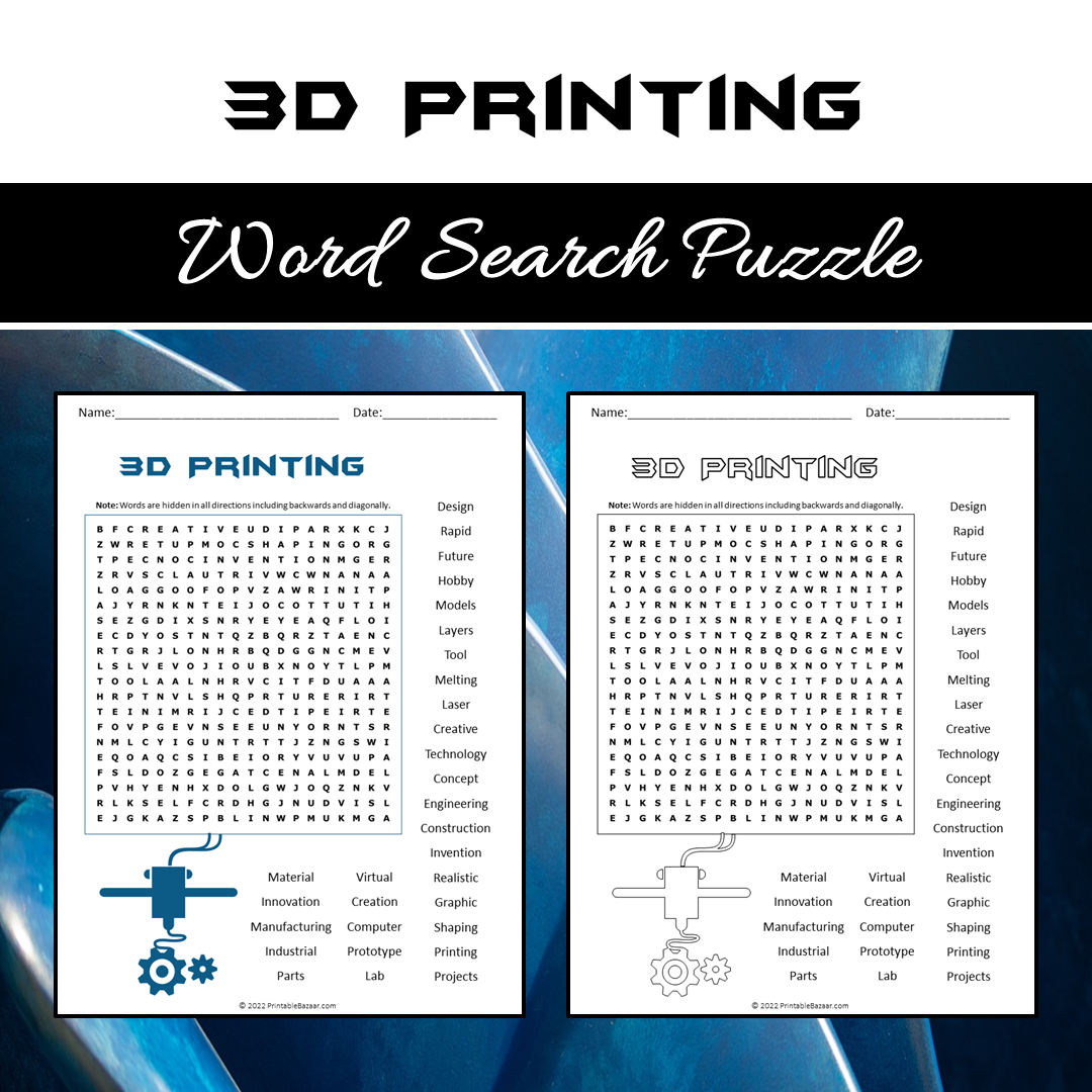 3d Printing Word Search Puzzle Worksheet PDF