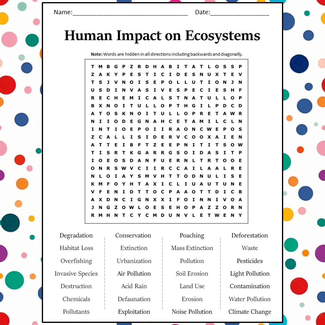 Human Impact On Ecosystems Word Search Puzzle Worksheet Activity PDF