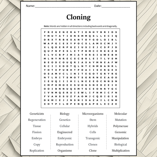 Cloning Word Search Puzzle Worksheet Activity PDF