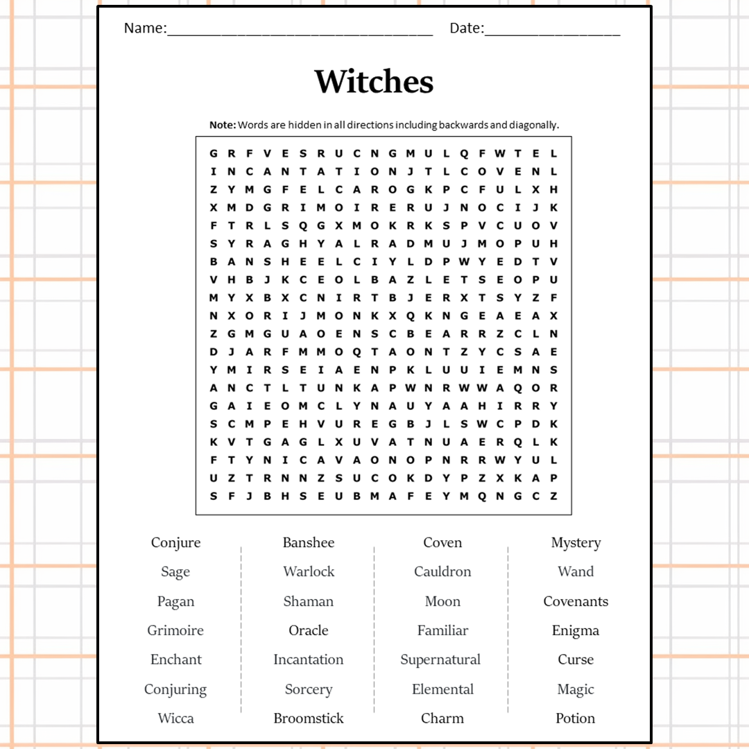 Witches Word Search Puzzle Worksheet Activity PDF