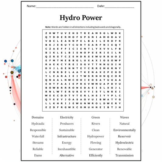 Hydro Power Word Search Puzzle Worksheet Activity PDF