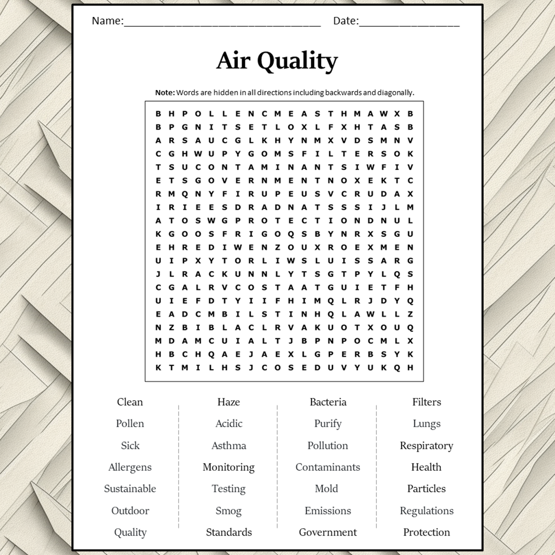 Air Quality Word Search Puzzle Worksheet Activity PDF