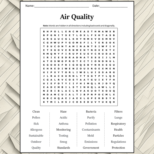 Air Quality Word Search Puzzle Worksheet Activity PDF