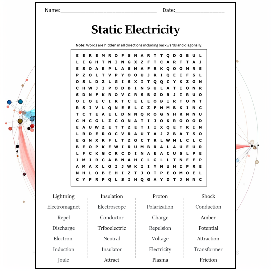 Static Electricity Word Search Puzzle Worksheet Activity PDF