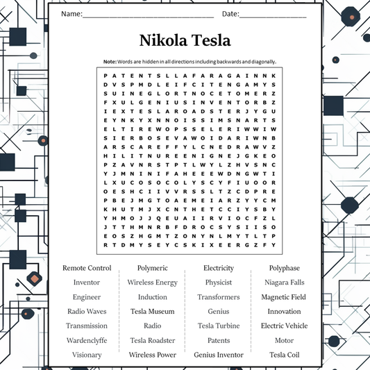 Nikola Tesla Word Search Puzzle Worksheet Activity PDF