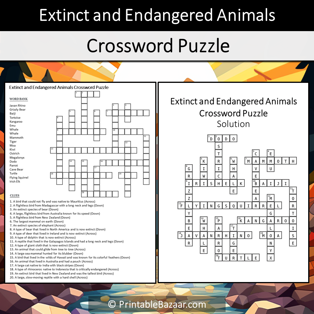 Extinct And Endangered Animals Crossword Puzzle Worksheet Activity Printable PDF