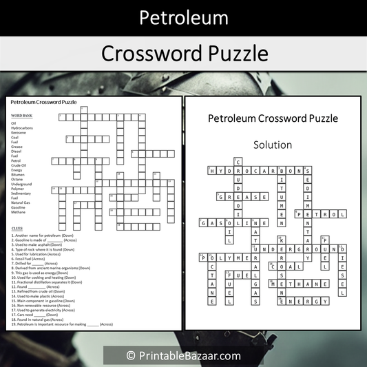 Petroleum Crossword Puzzle Worksheet Activity Printable PDF