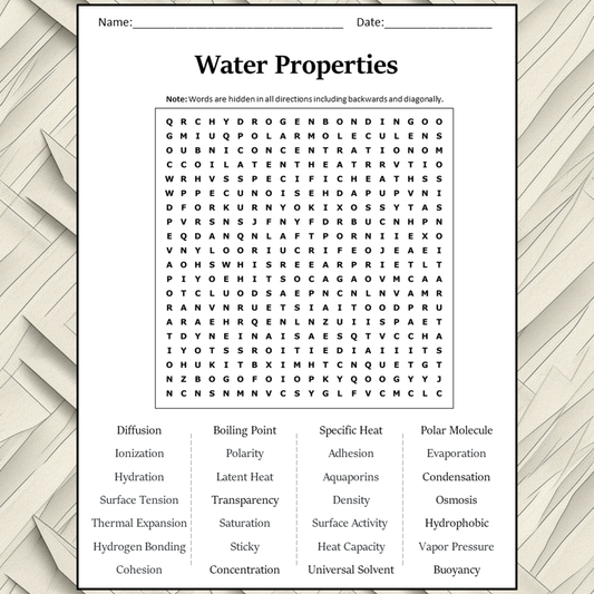 Water Properties Word Search Puzzle Worksheet Activity PDF