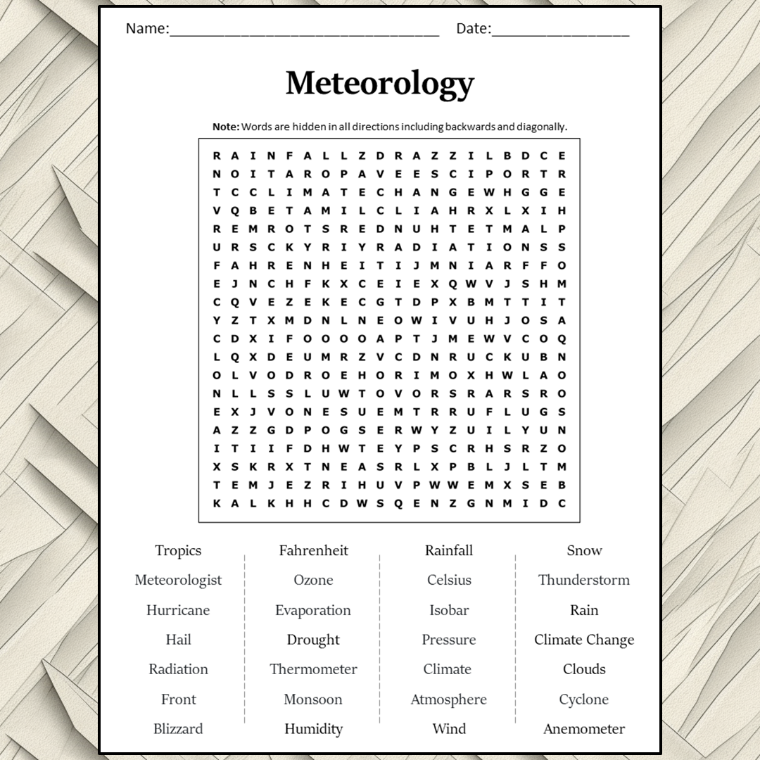 Meteorology Word Search Puzzle Worksheet Activity PDF