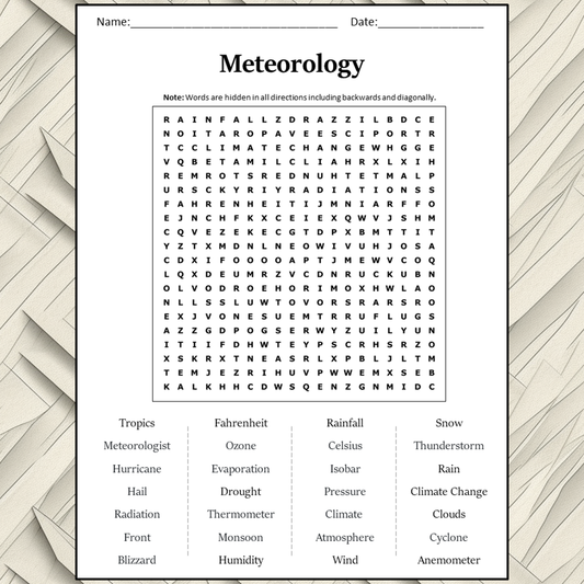 Meteorology Word Search Puzzle Worksheet Activity PDF