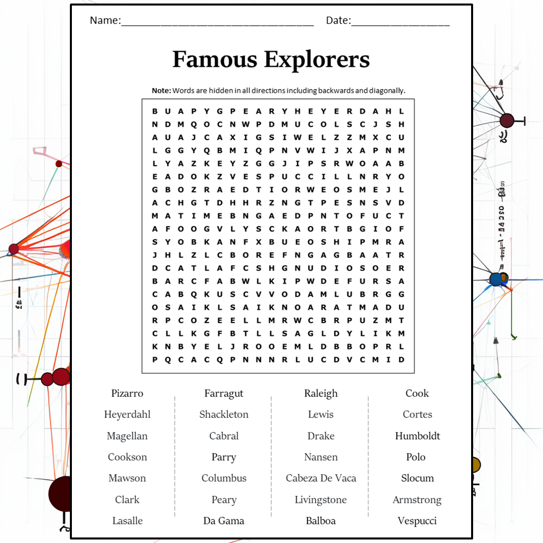 Famous Explorers Word Search Puzzle Worksheet Activity PDF