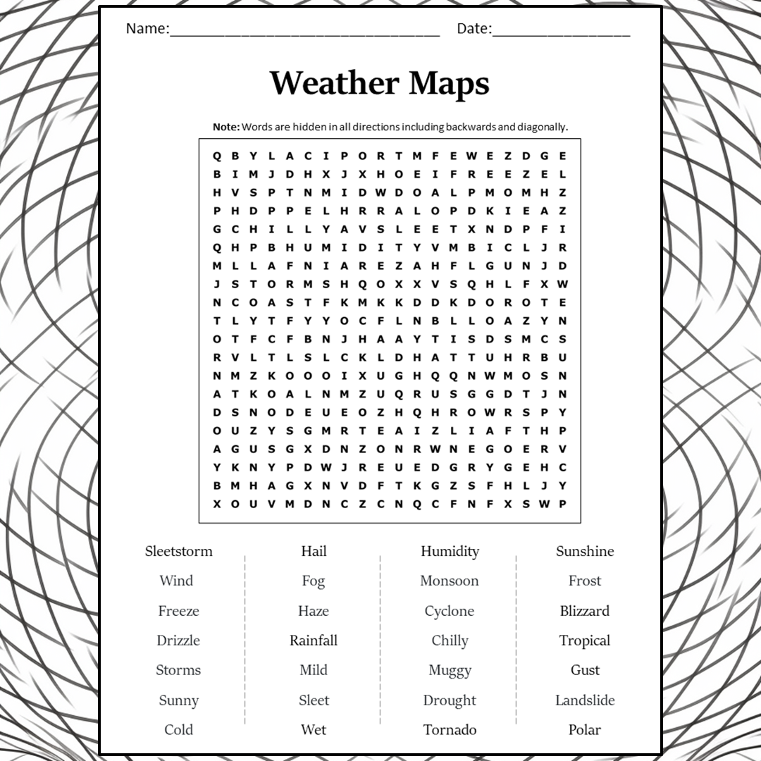 Weather Maps Word Search Puzzle Worksheet Activity PDF