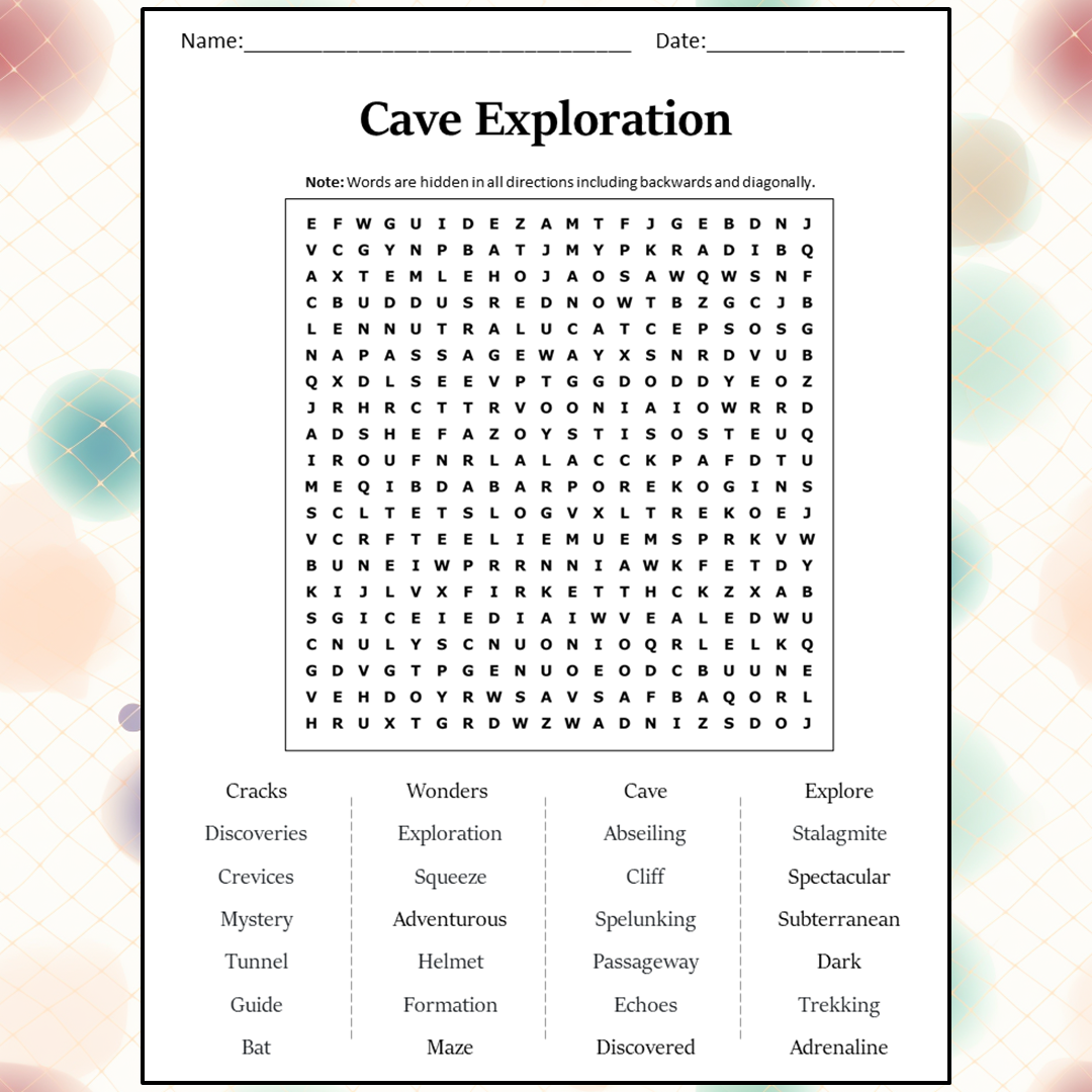 Cave Exploration Word Search Puzzle Worksheet Activity PDF