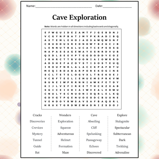 Cave Exploration Word Search Puzzle Worksheet Activity PDF