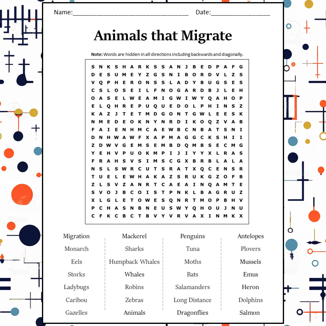 Animals That Migrate Word Search Puzzle Worksheet Activity PDF