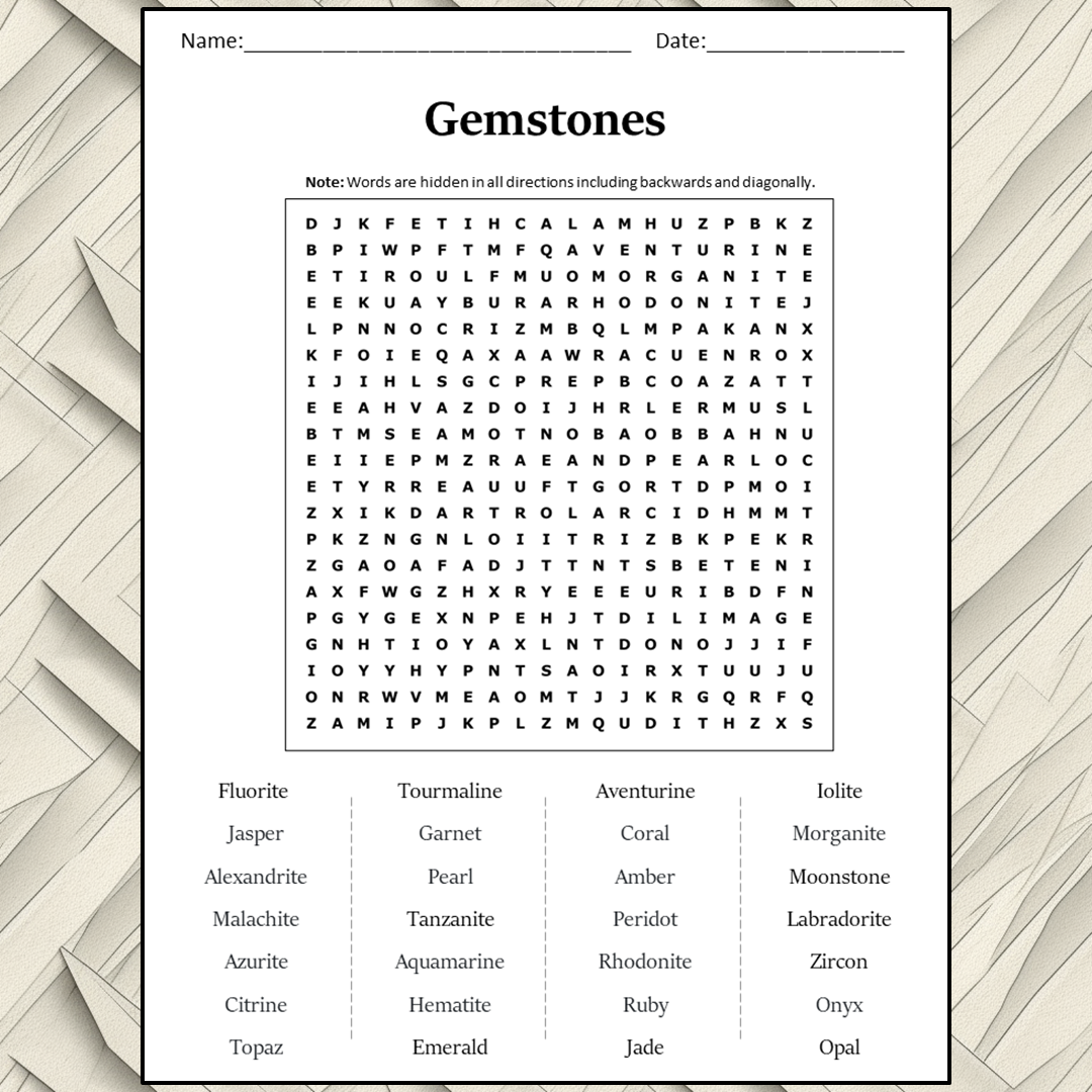 Gemstones Word Search Puzzle Worksheet Activity PDF