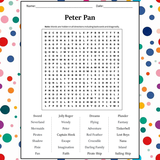 Peter Pan Word Search Puzzle Worksheet Activity PDF