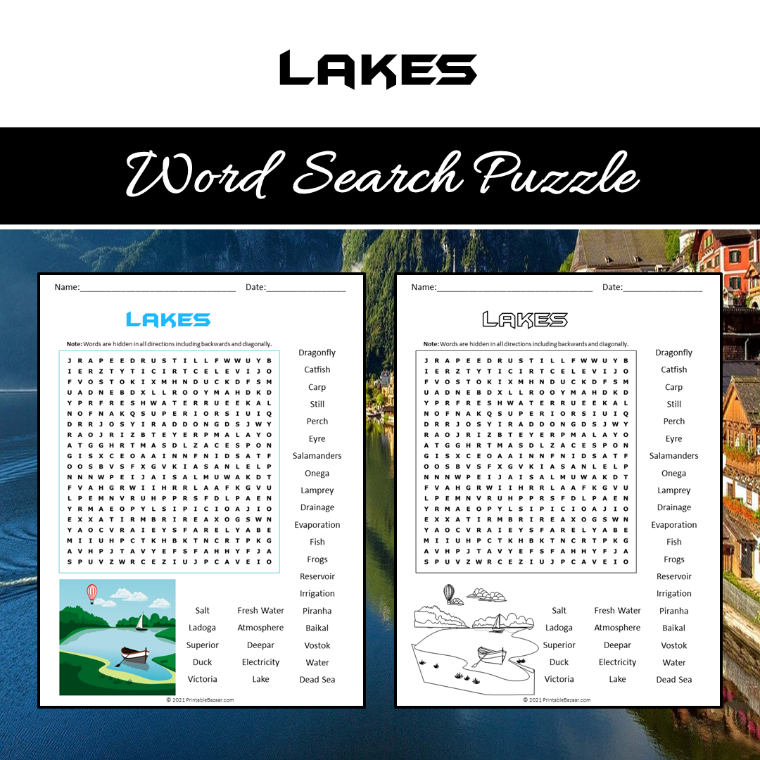 Lakes Word Search Puzzle Worksheet PDF