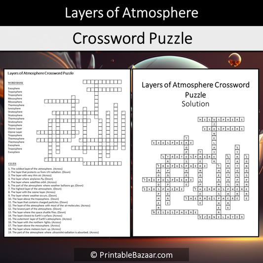 Layers Of Atmosphere Crossword Puzzle Worksheet Activity Printable PDF