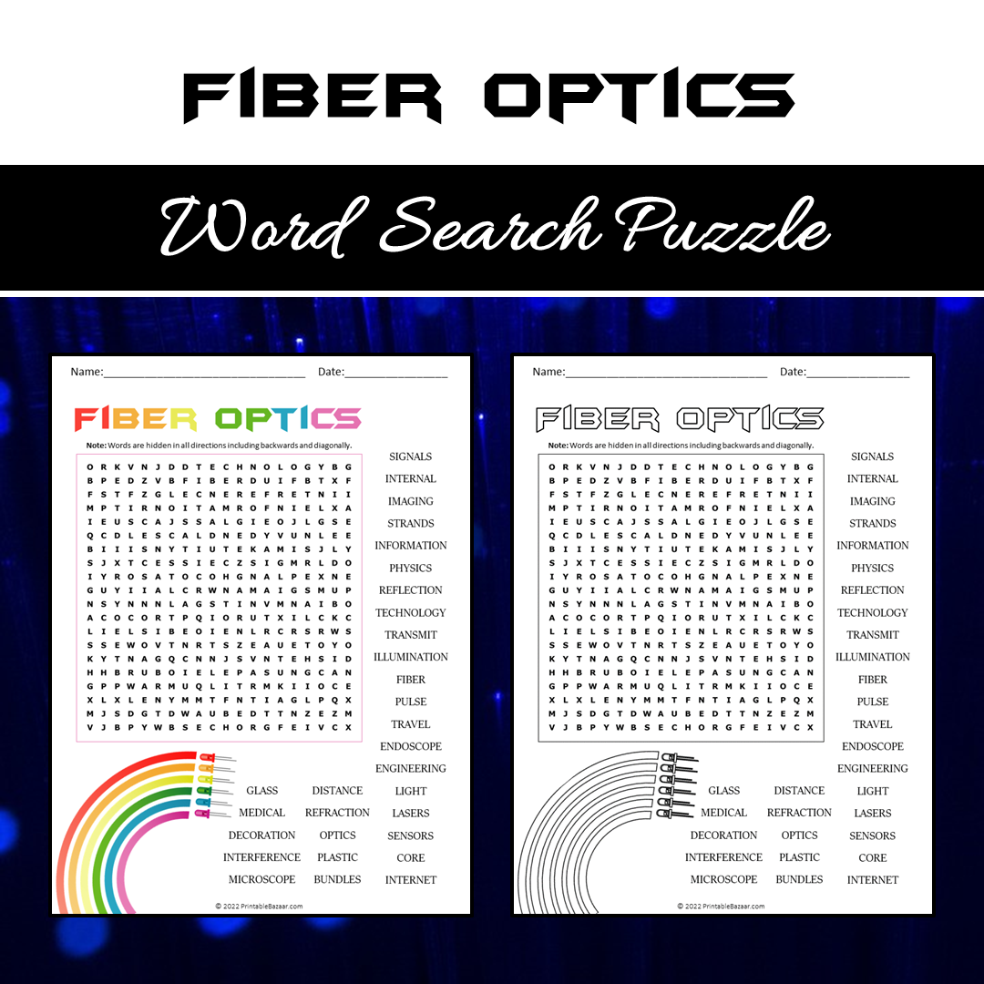 Fiber Optics Word Search Puzzle Worksheet PDF