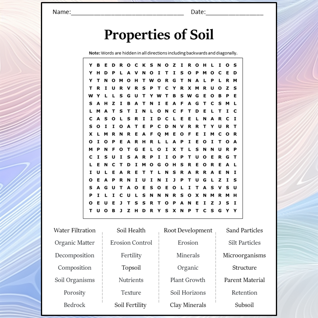 Properties Of Soil Word Search Puzzle Worksheet Activity PDF