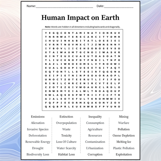 Human Impact On Earth Word Search Puzzle Worksheet Activity PDF