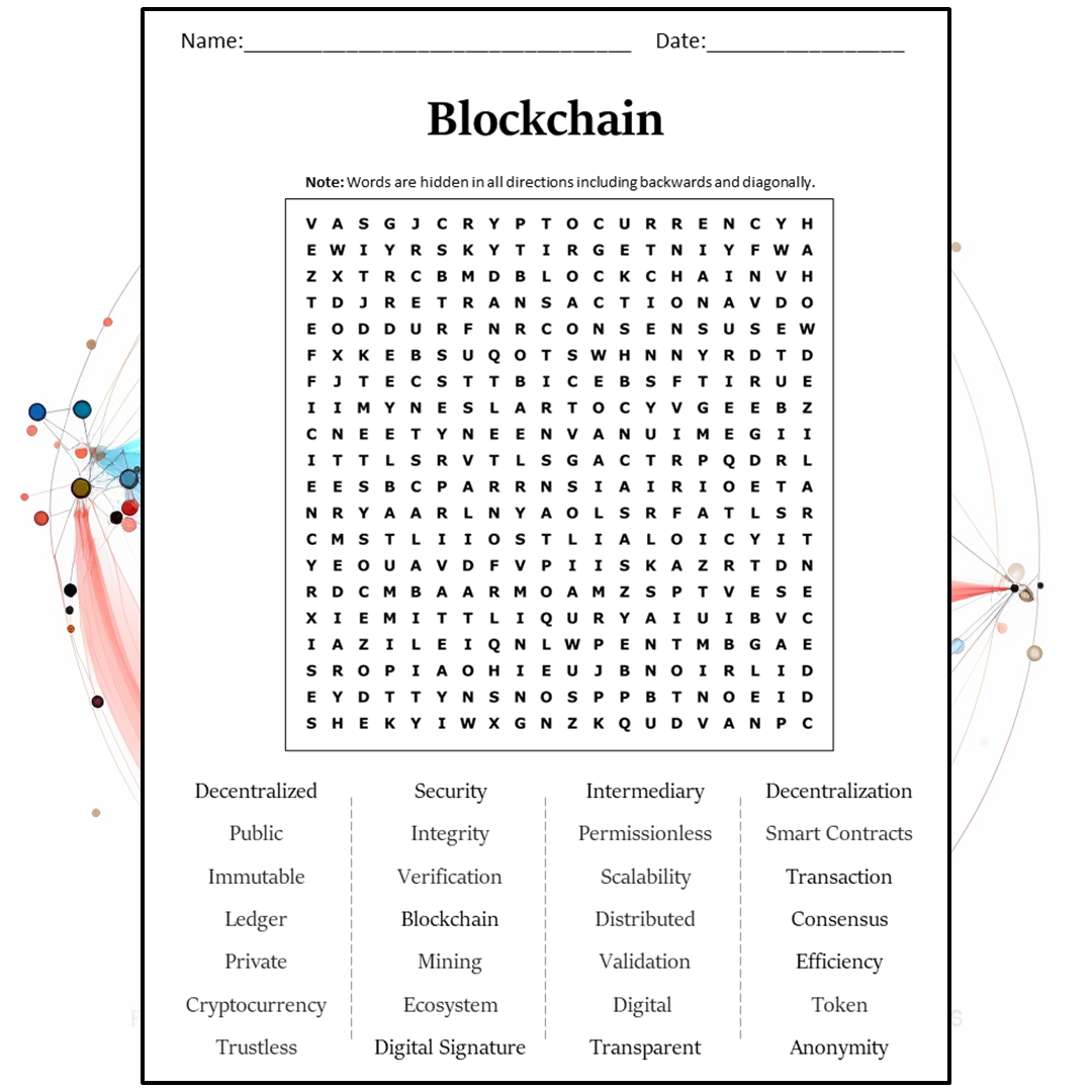 Blockchain Word Search Puzzle Worksheet Activity PDF