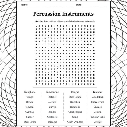 Percussion Instruments Word Search Puzzle Worksheet Activity PDF