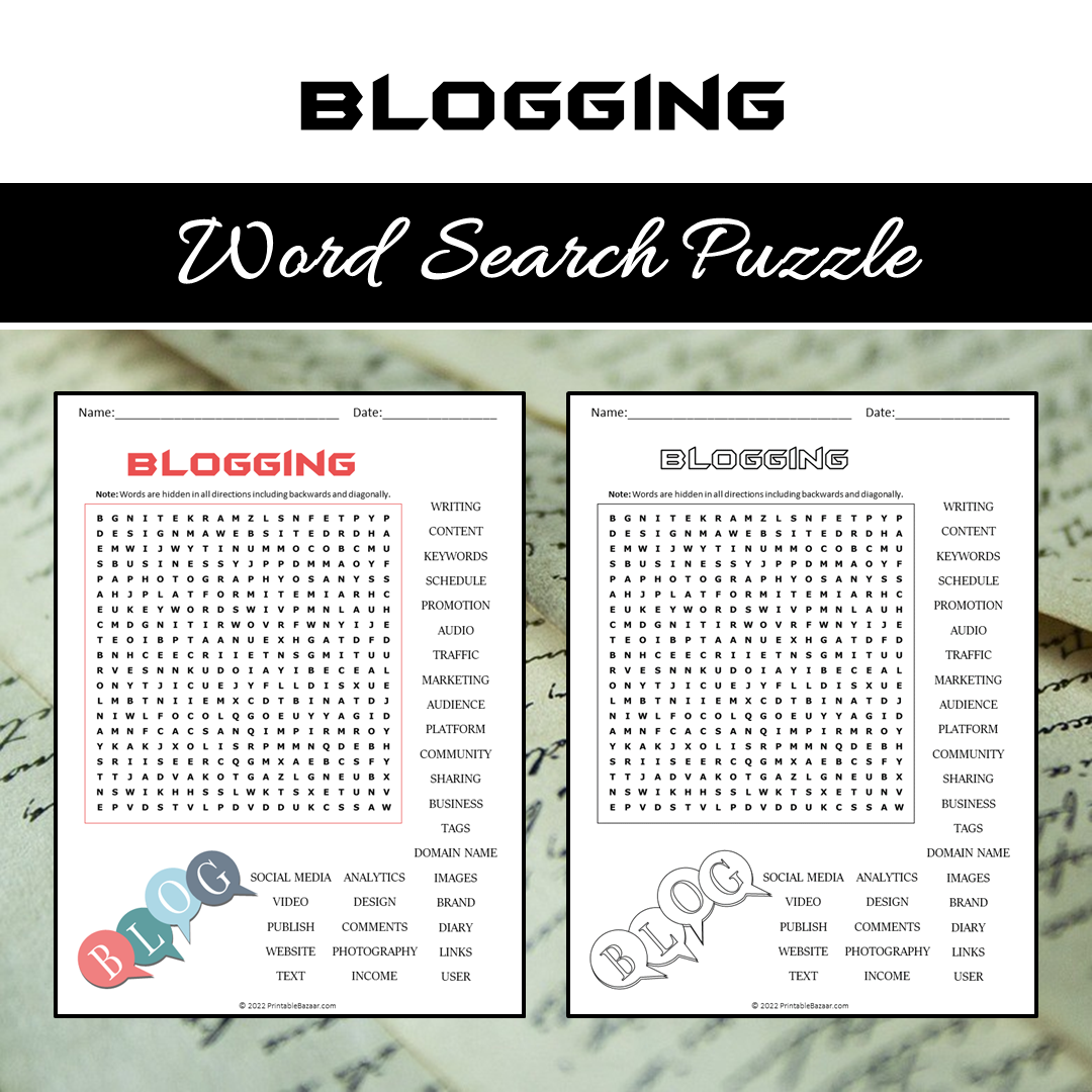 Blogging Word Search Puzzle Worksheet PDF