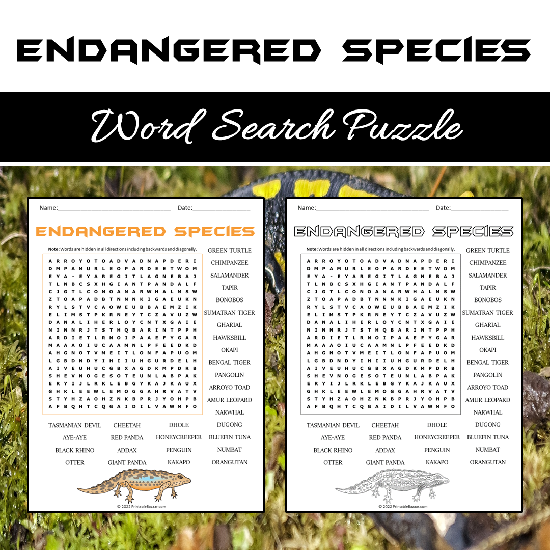 Endangered Species Word Search Puzzle Worksheet PDF