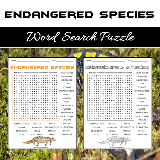 Endangered Species Word Search Puzzle Worksheet PDF