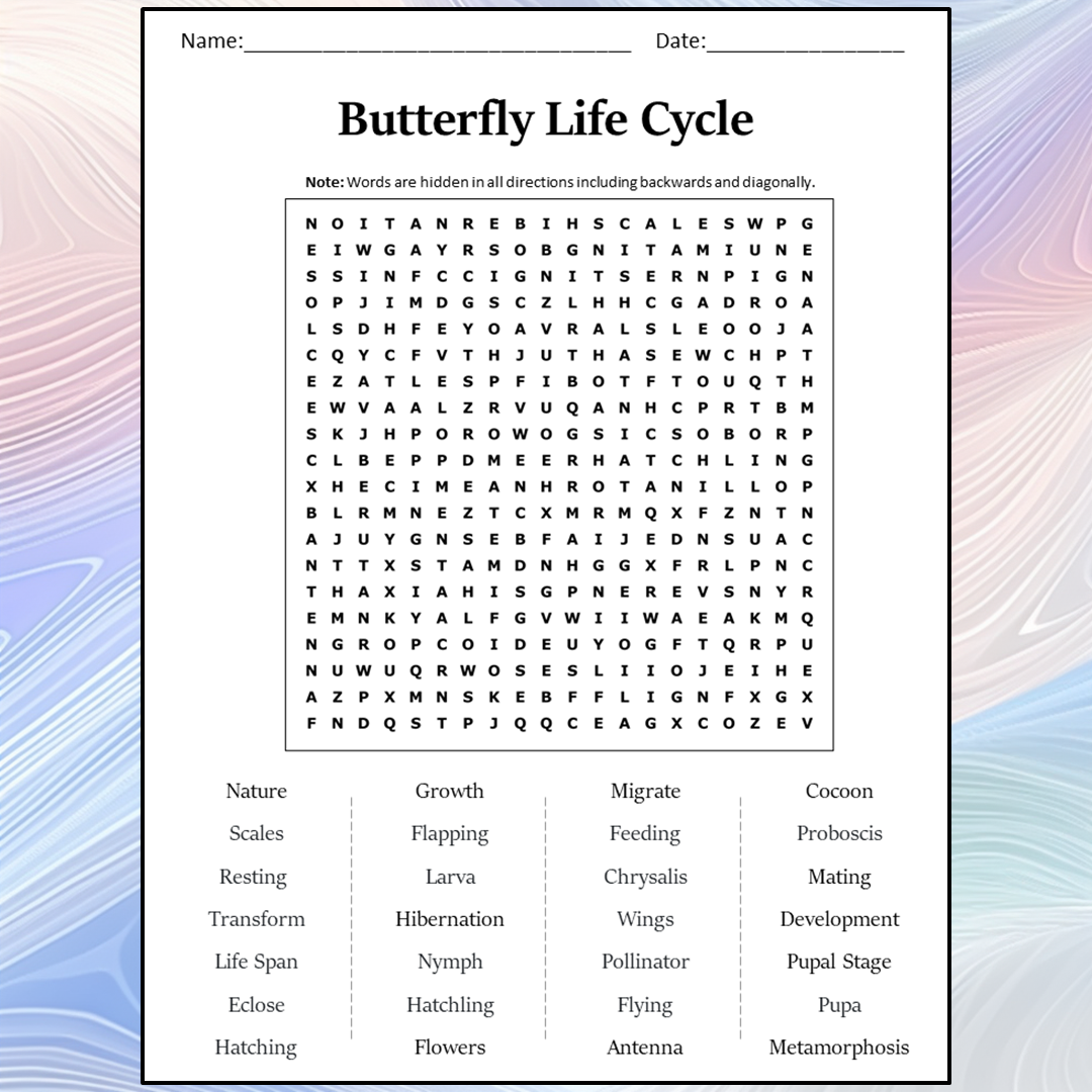 Butterfly Life Cycle Word Search Puzzle Worksheet Activity PDF