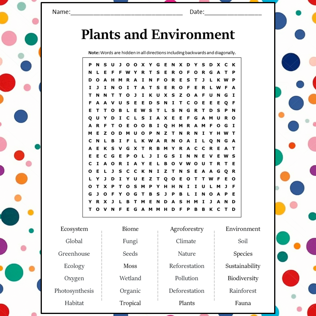 Plants And Environment Word Search Puzzle Worksheet Activity PDF