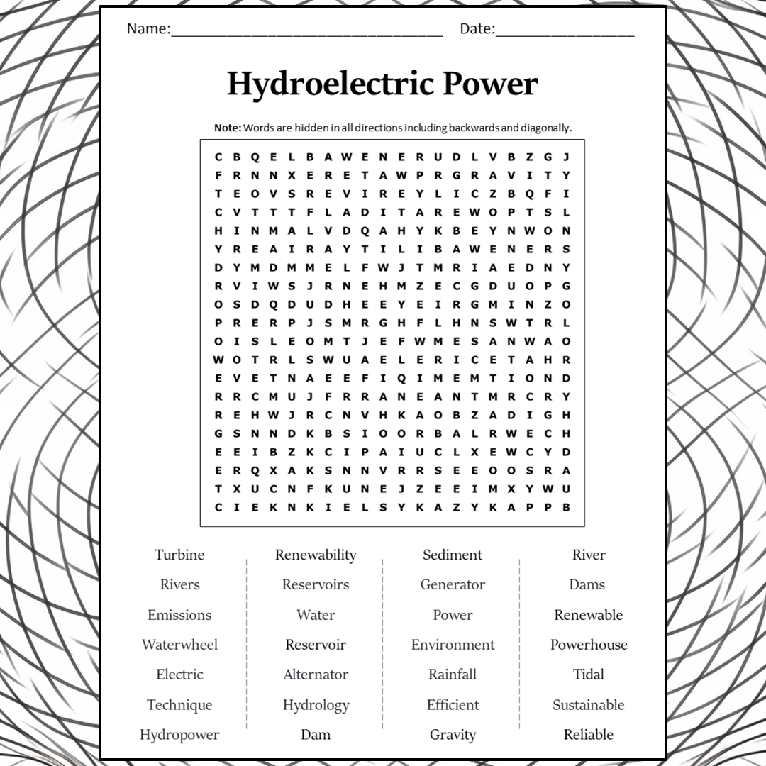 Hydroelectric Power Word Search Puzzle Worksheet Activity PDF