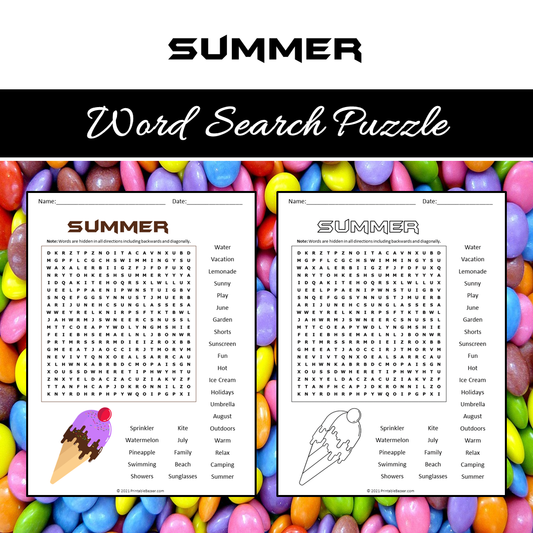 Summer Word Search Puzzle Worksheet PDF