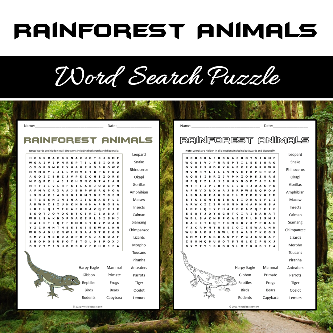 Rainforest Animals Word Search Puzzle Worksheet PDF