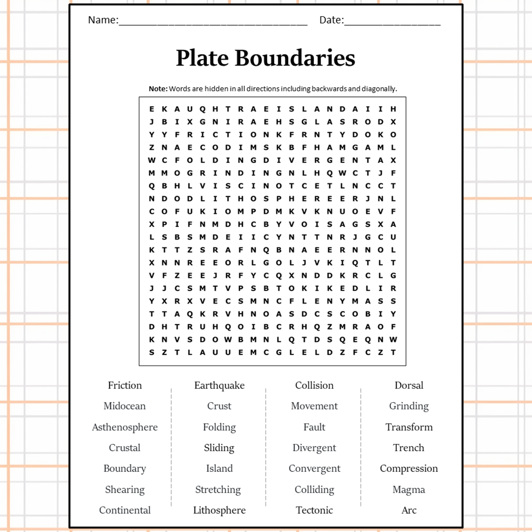 Plate Boundaries Word Search Puzzle Worksheet Activity PDF