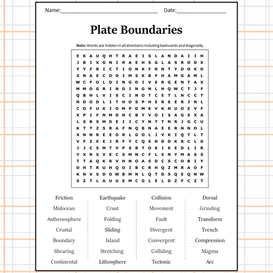 Plate Boundaries Word Search Puzzle Worksheet Activity PDF