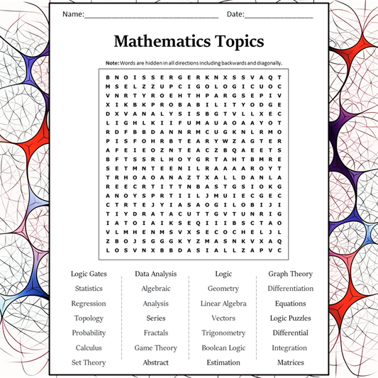 Mathematics Topics Word Search Puzzle Worksheet Activity PDF